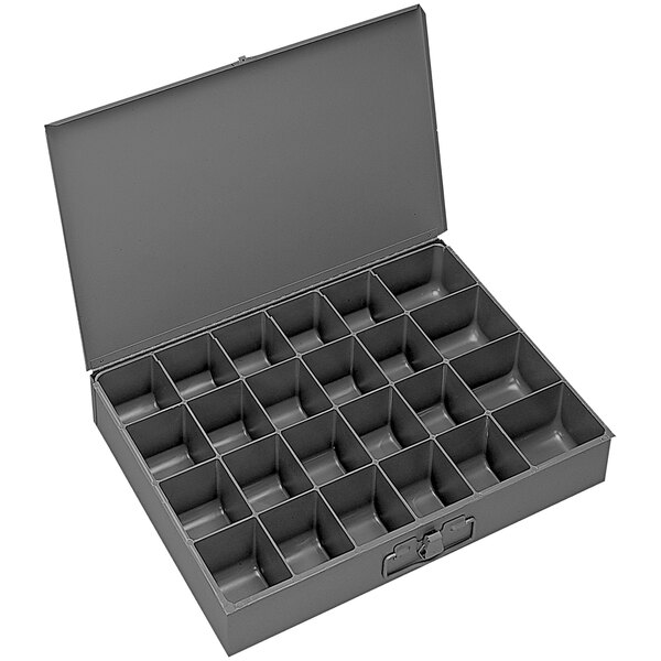 A grey Durham steel box with 24 compartments.