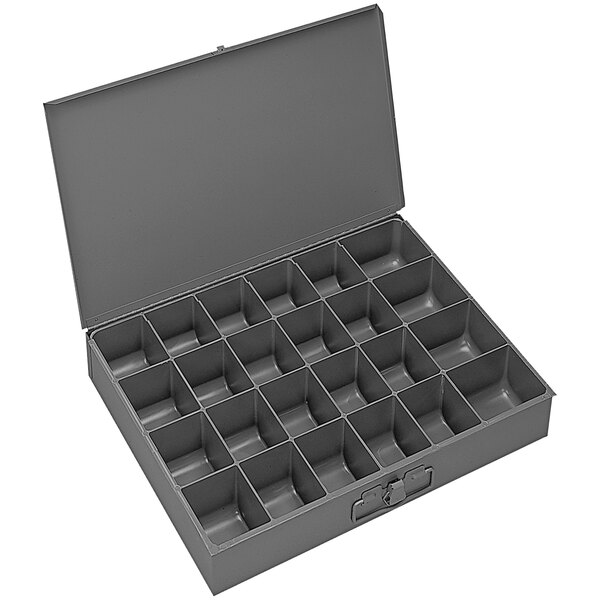A gray Durham Mfg steel box with 24 compartments.