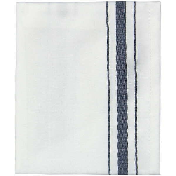 A white cloth napkin with black stripes and a blue stripe.