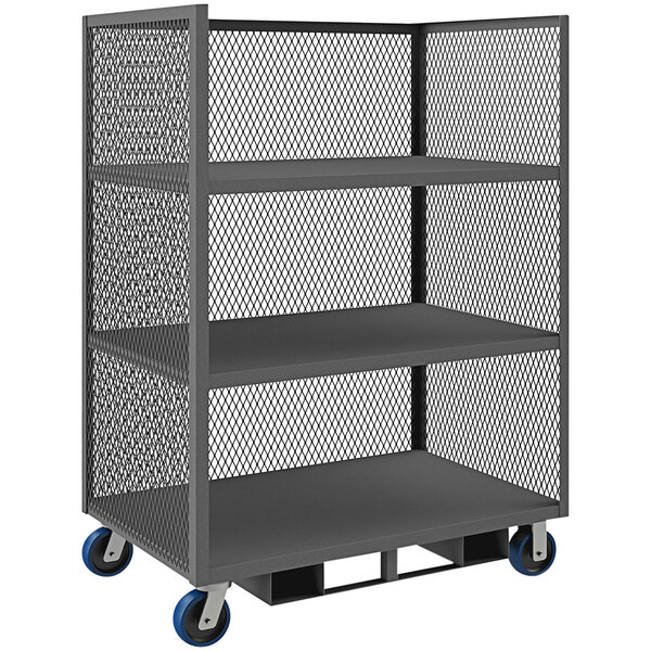 A Durham Manufacturing steel mesh cart with 3 shelves on wheels.
