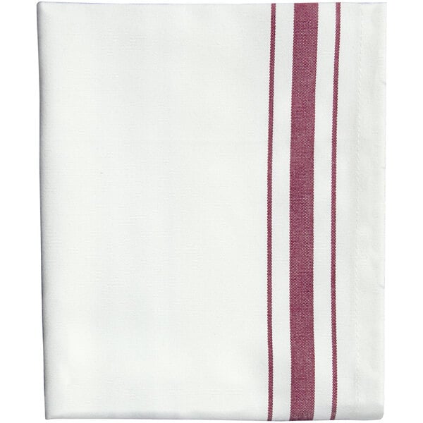 A white cloth napkin with red stripes and a white border.