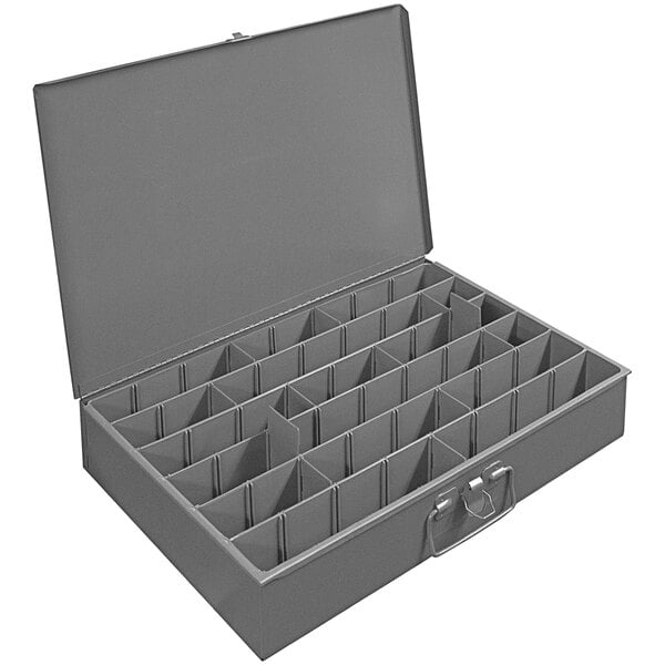 A gray Durham Mfg steel box with adjustable compartments.