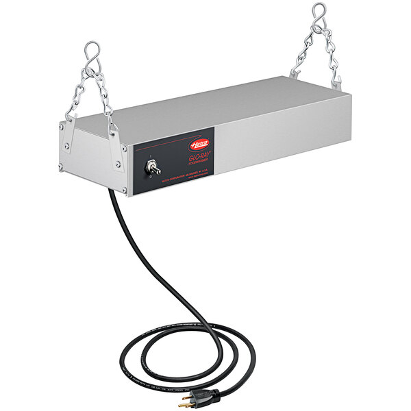 A silver rectangular Hatco infrared food warmer with a black cord.