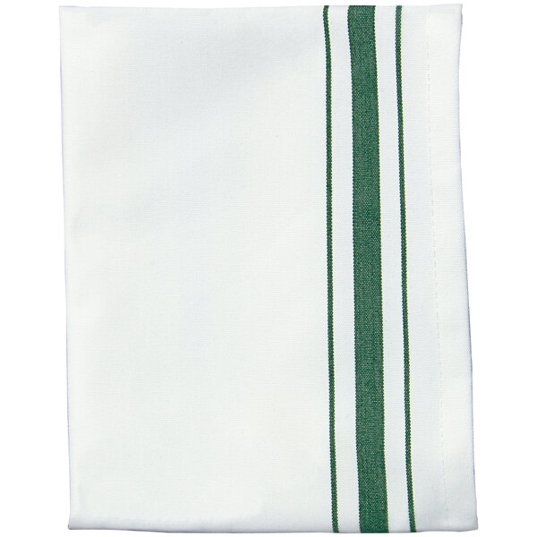 A white cloth napkin with green stripes.