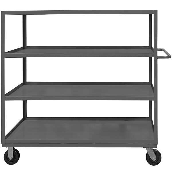 A grey metal Durham stock cart with 3 shelves and wheels.