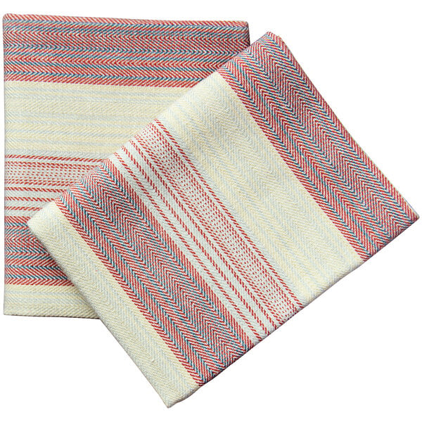 Two white cloth napkins with striped multicolor patterns.