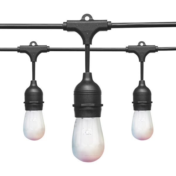 Three WiFi-Smart LED S14 light bulbs hanging from a black wire.