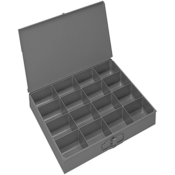 A gray Durham steel box with 16 compartments.