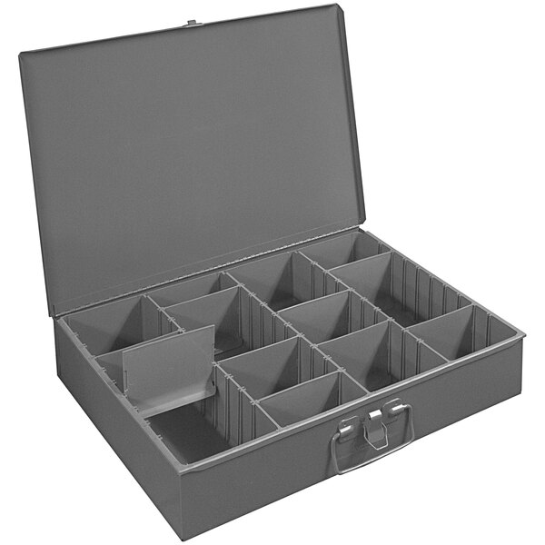 A grey Durham Mfg steel box with many compartments.
