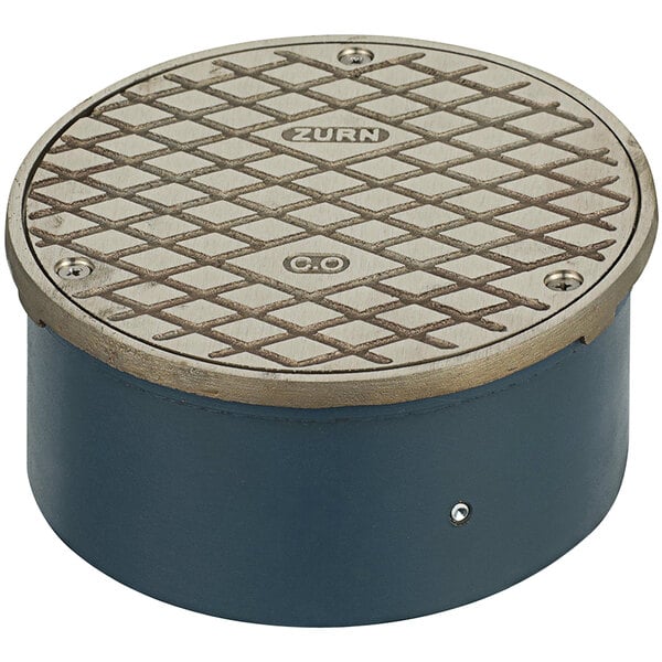 A Zurn round metal cleanout cover with a grid pattern and nickel finish.