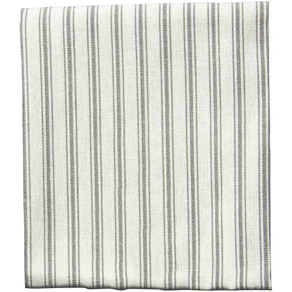 A white cloth napkin with gray stripes and a blue stripe.