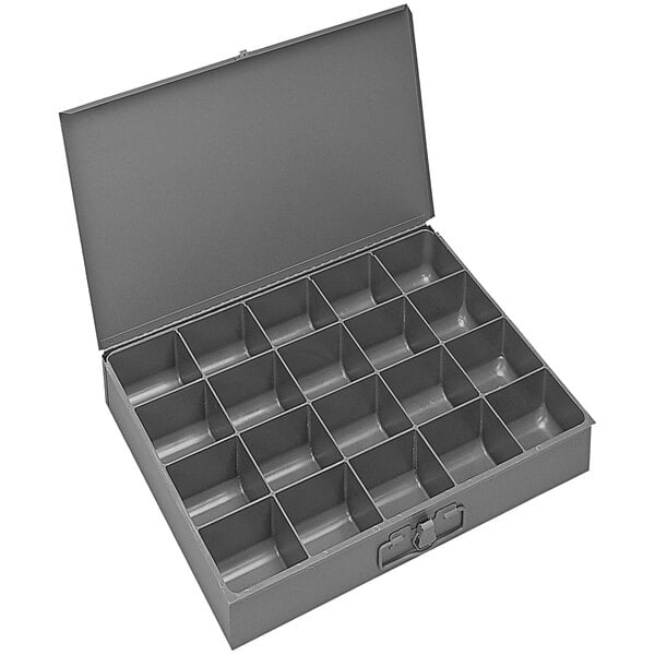 A gray metal Durham Mfg steel box with 20 compartments.