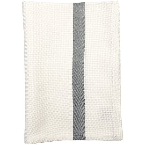 A white fabric napkin with white and gray stripes.
