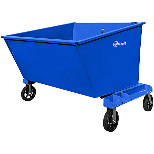 A blue Jescraft self-dumping hopper with black wheels.
