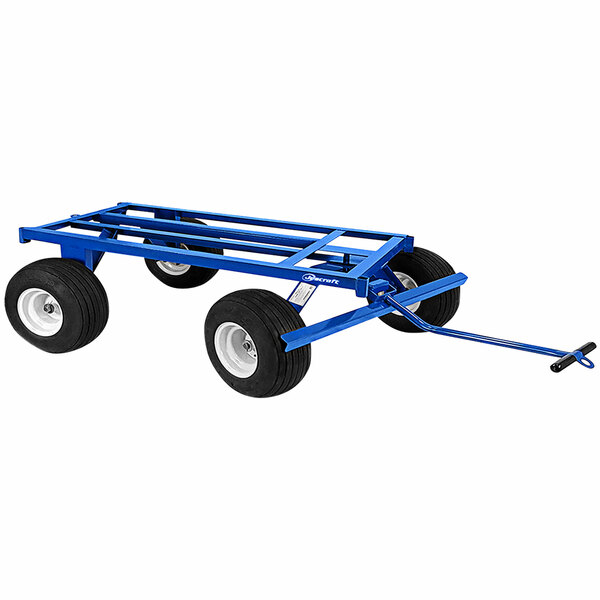 A blue metal Jescraft trailer with black wheels.