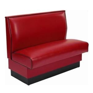 An American Tables & Seating red leather booth with black base.