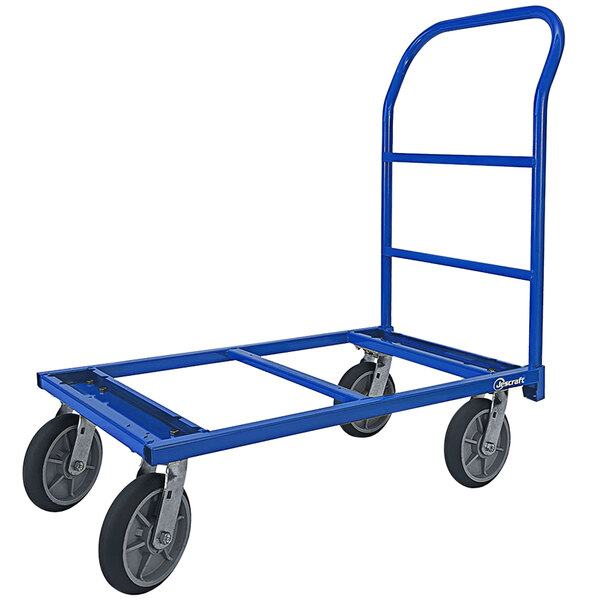 A blue metal cart with four black wheels.