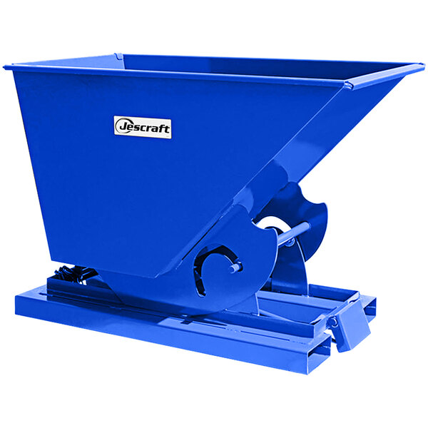 A blue metal self-dumping forklift hopper with a blue bumper release handle.