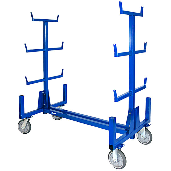 A blue metal Jescraft pipe and conduit cart on wheels.