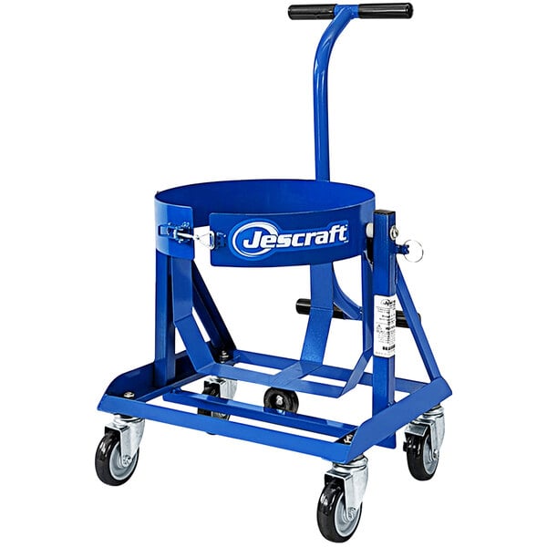 A blue Jescraft barrel cart with a bucket on it.