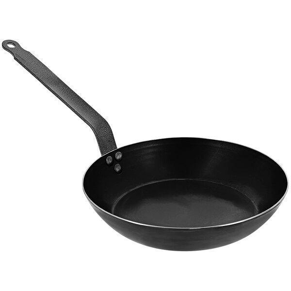 A black pan with a handle.