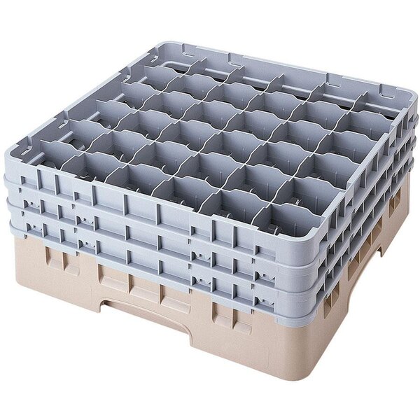 A beige plastic Cambro glass rack with 36 compartments.