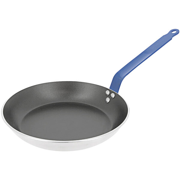 A de Buyer aluminum non-stick fry pan with a blue handle.