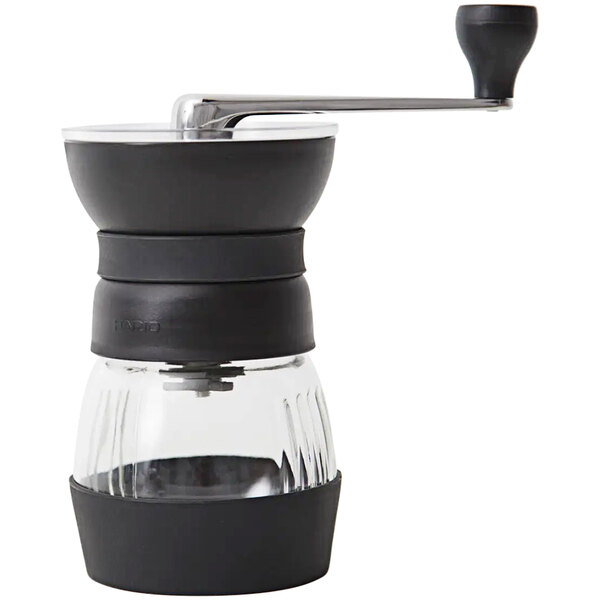 A close up of a black Hario Skerton Pro coffee grinder.