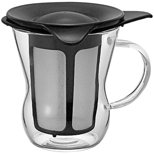 A black glass Hario tea infuser with a black lid.
