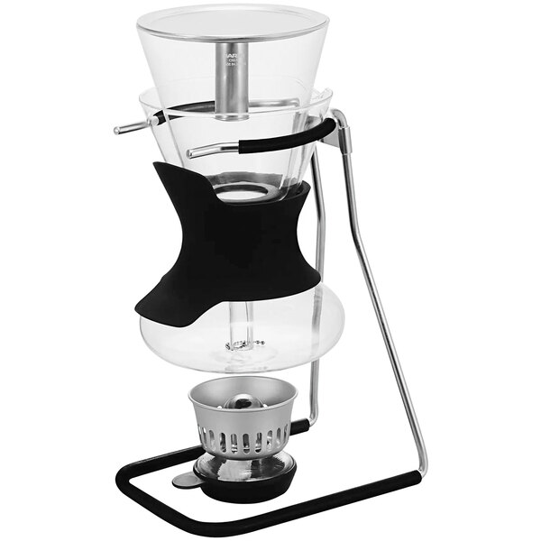A Hario coffee syphon with a metal stand and glass top.