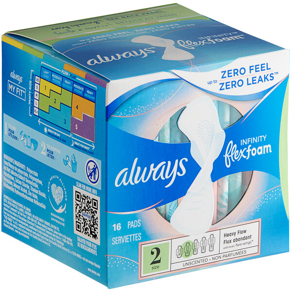 A case of 12 boxes of Always Infinity unscented menstrual pads with wings.