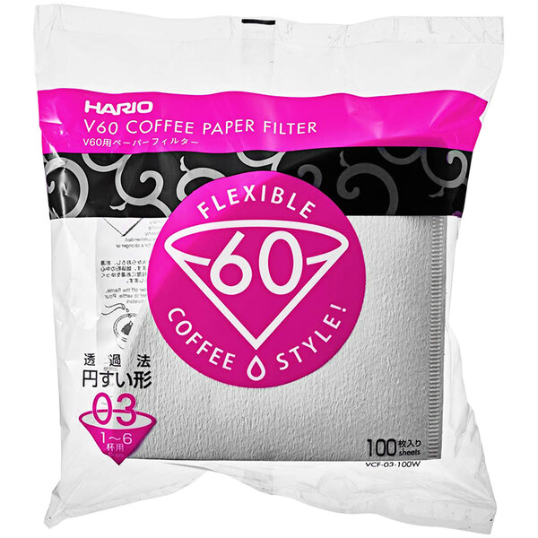 A plastic bag of white Hario V60 coffee filters.