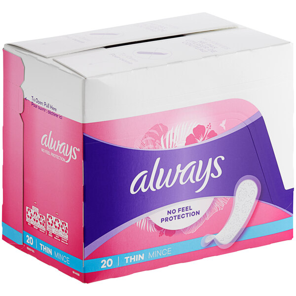 A case of 24 pink and blue boxes of Always 20-count unscented ultra thin daily liners.
