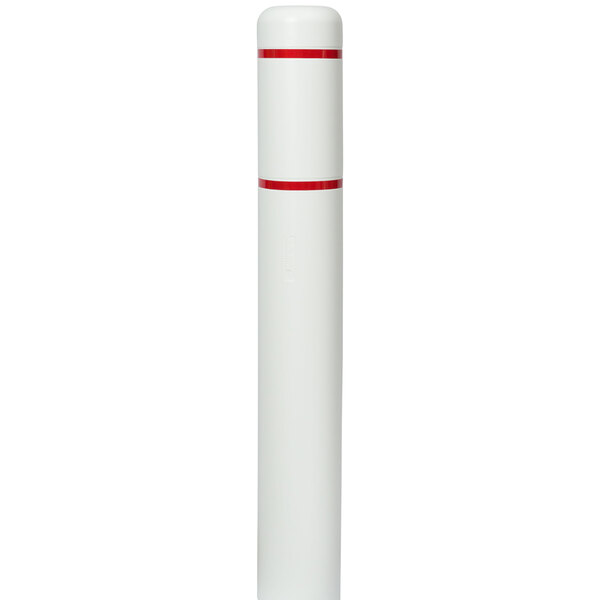 A white cylindrical bollard cover with red stripes.