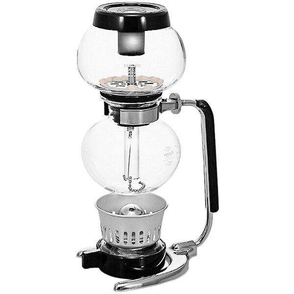 A Hario coffee syphon with a metal stand holding a glass pitcher.