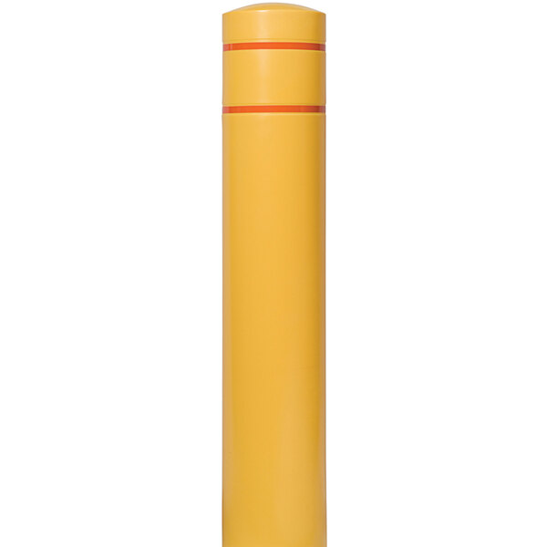 A yellow cylindrical Innoplast BollardGard cover with orange stripes.