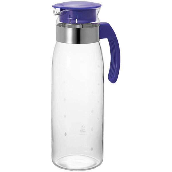 A clear glass pitcher with a blue handle and lid.