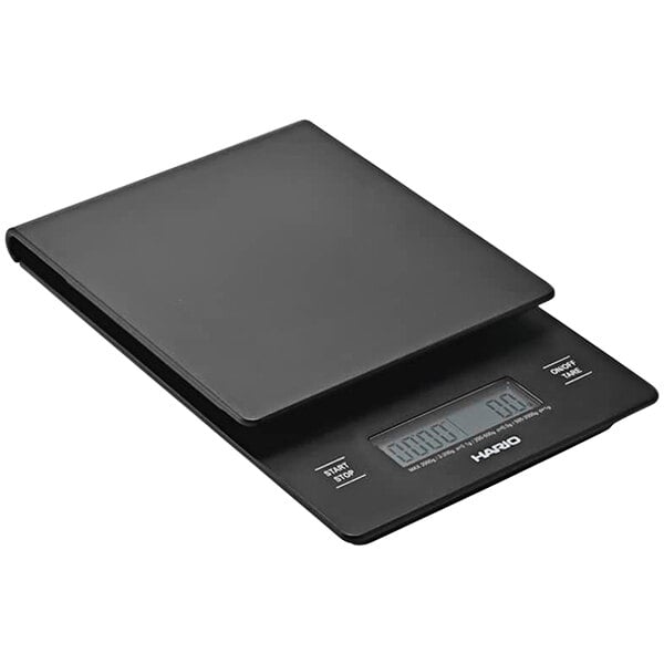 A black electronic Hario V60 drip scale with a digital display.
