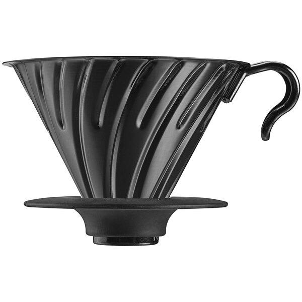 A black stainless steel Hario V60 coffee dripper with a handle.