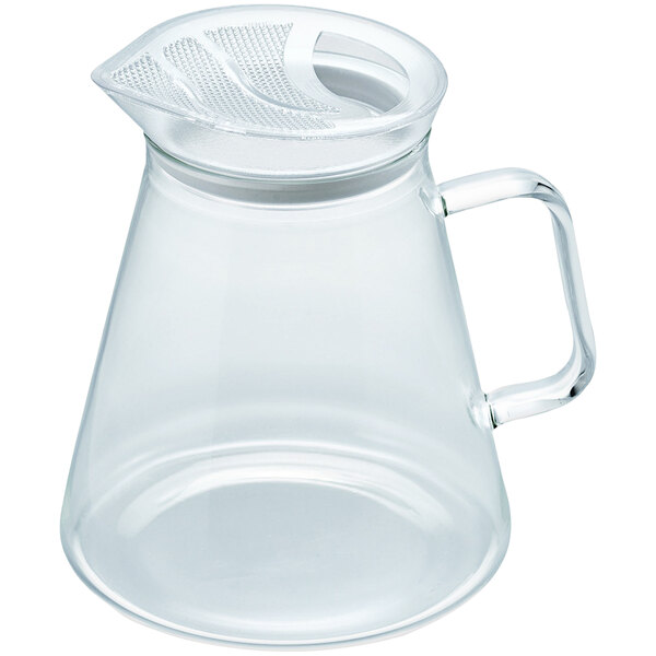 A Hario clear glass teapot with a handle and Tritan plastic infuser.