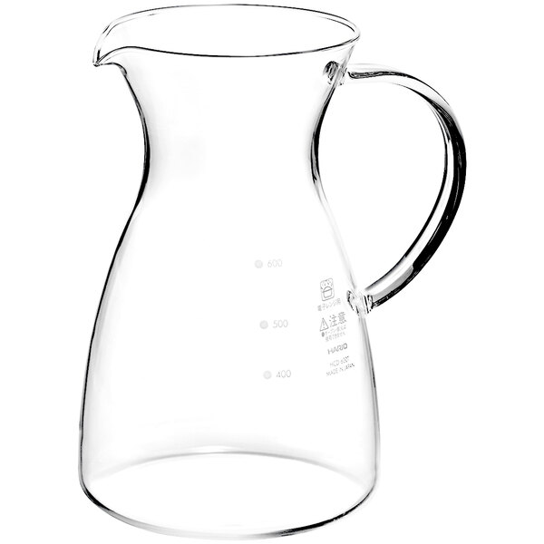 A Hario glass coffee decanter with a handle.