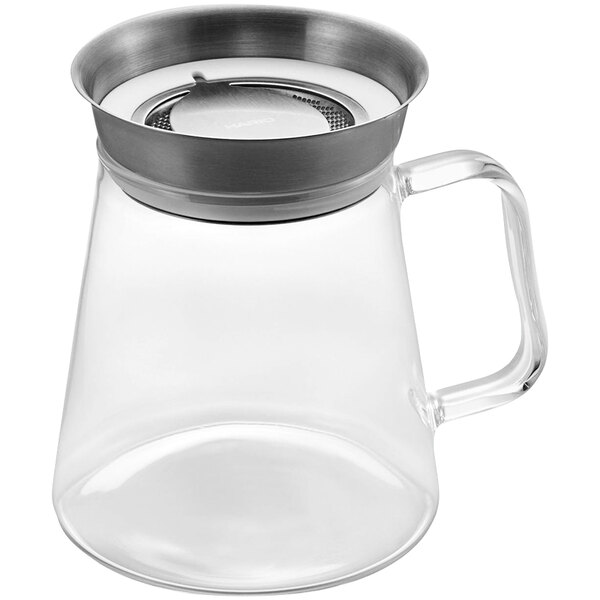 A Hario glass tea server with a stainless steel filter.