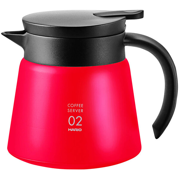 A red Hario V60 stainless steel coffee server with a black handle and lid.