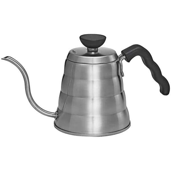 A silver stainless steel Hario V60 drip kettle with a black handle.