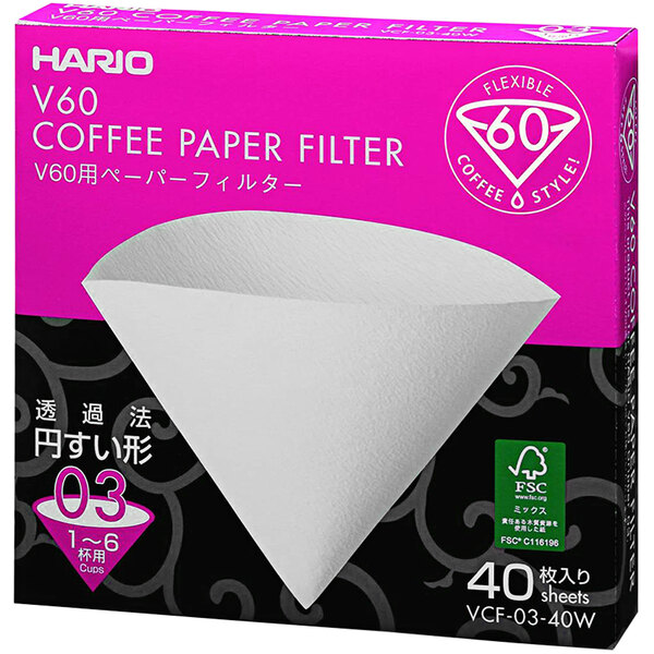 A box of 40 Hario V60 white paper coffee filters.