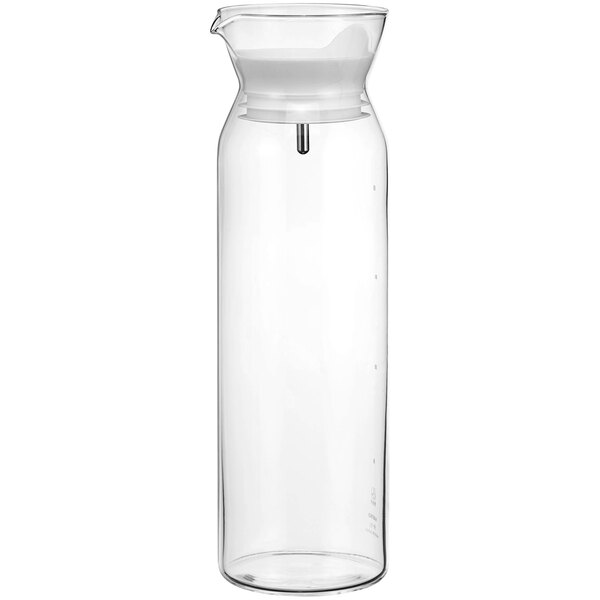 A Hario glass water pitcher with a white lid.