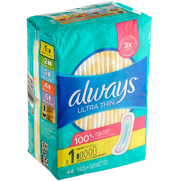 A case of 44 Always Ultra Thin unscented menstrual pads with wings.