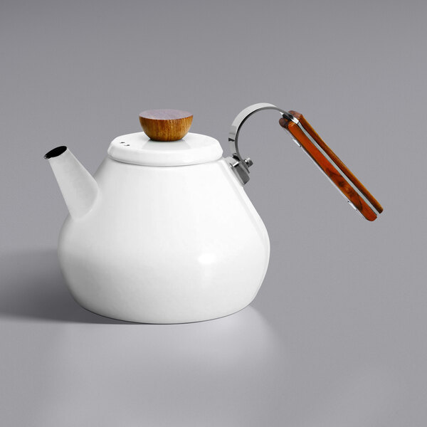 A white tea kettle with a wooden handle.