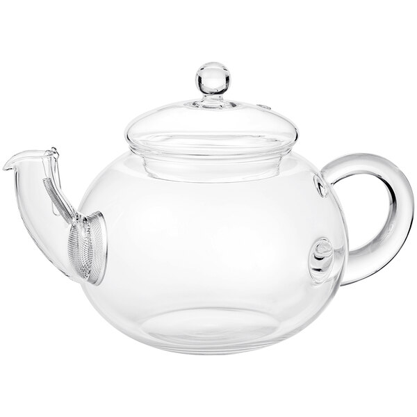 A clear glass Hario teapot with a lid.