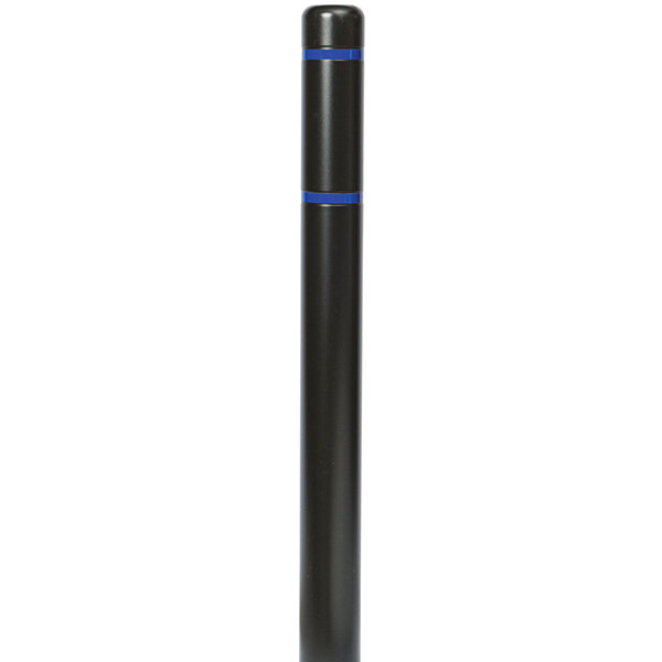 A black bollard with a blue reflective stripe and black lines.